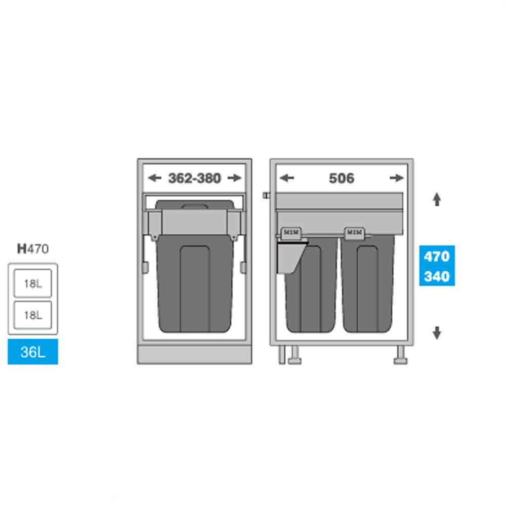 Basurero Reciclaje 2 Contenedores Gris Anclado a Puerta (36 L)